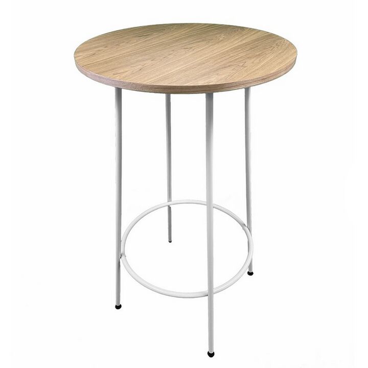 Neni 42 Inch Bar Table, Round Natural Brown Wood Top, Modern White Metal - Benzara