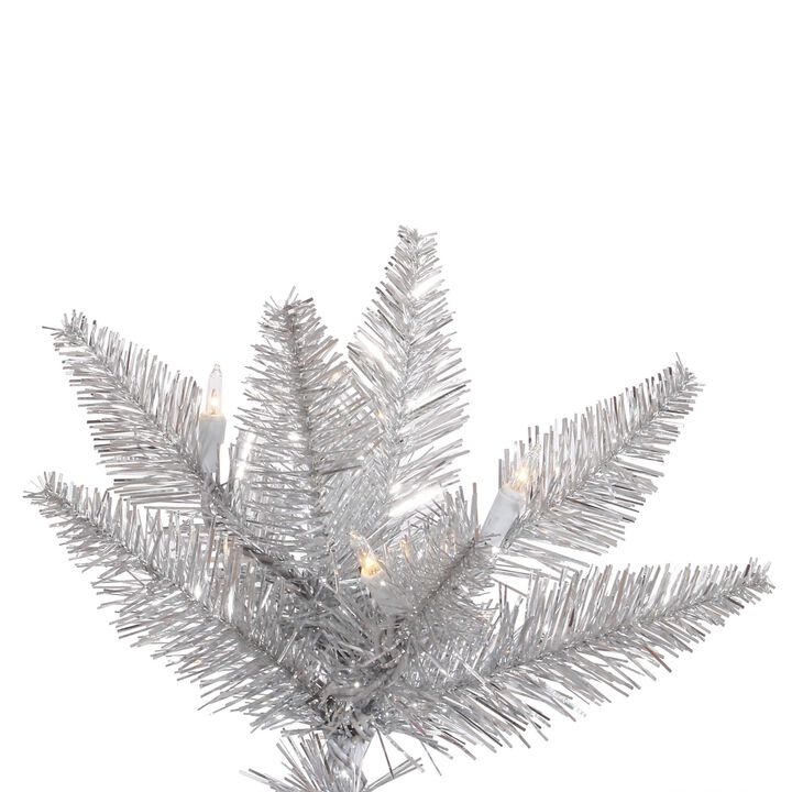 Vickerman 7.5' x 52'' Silver Tinsel Fir Artificial Christmas Tree, 750 Warm White Dura-lit LED Lights - Faux Silver Christmas Tree - Seasonal Indoor Home Decor