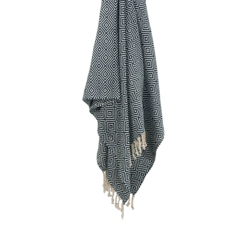 HomeRoots 50" X 60" Navy Blue Cotton Woven Geometric Throw Blanket with Fringe image number 3
