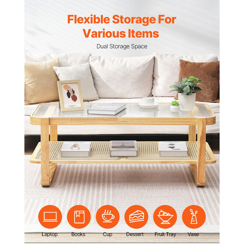 Rectangular Rattan Coffee Table with Glass Top and Wood Legs for Living Room or Bedroom