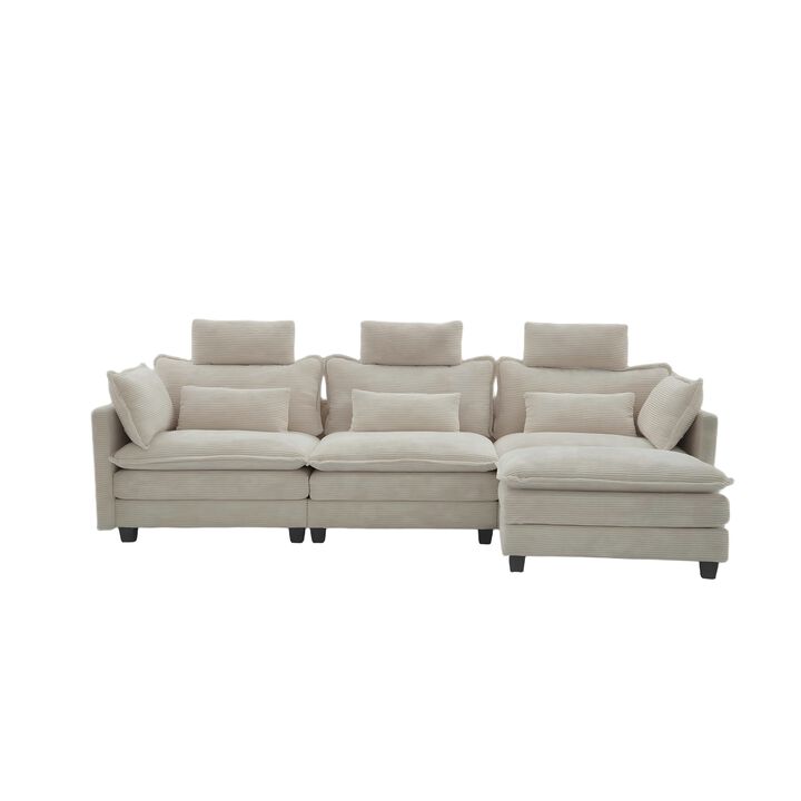 FUFU&GAGA Modern L-Shaped Sofa Set with Ottoman, 3 Lumbar Pillows, 3 Headrests and 2 Throw Pillows, (112.2 in. W x 29.1 in. D x 41.7 in. H), Off-white