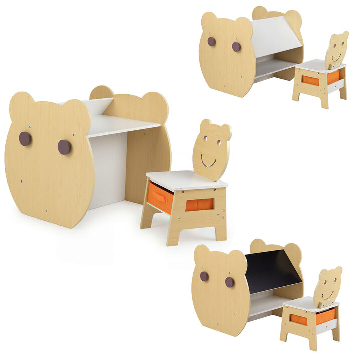 Kids 3-in-1 Art Desk and Chair Set, Storage with Whiteboard Chalkboard-White