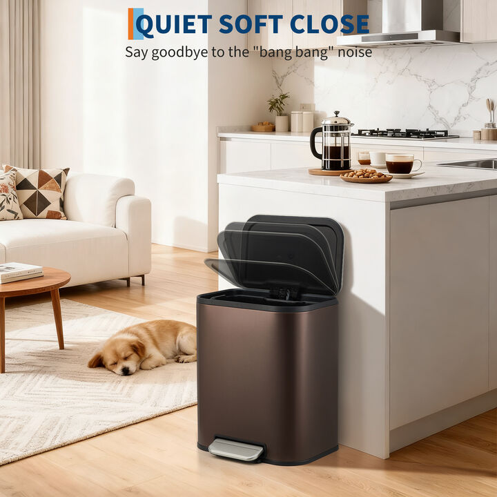 Modern Stainless Steel Trash Can, Soft Close Lid, Step Pedal, Removable Inner Bucket, Rectangular Durable Design