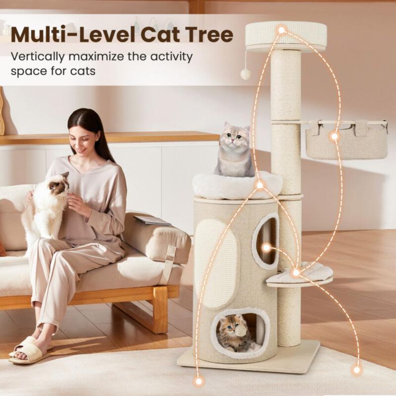 Hivvago 61 Inches Cat Tree for Indoor Cats with 2-stoery Condo and Top Perch