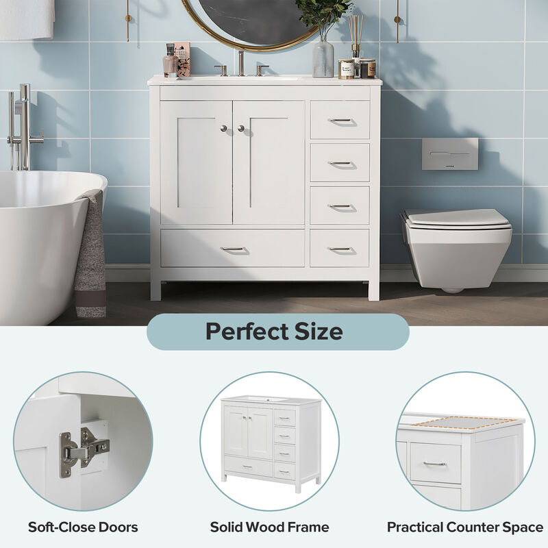 Merax Bathroom Vanity with Ceramic Sink  Freestanding Recessed  5 Drawers & 2 Soft-Close Doors Storage Cabinet Combo