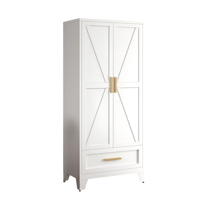 2-Door Wardrobe Armoire Cabinet with Storage Drawer and Hanging Rod