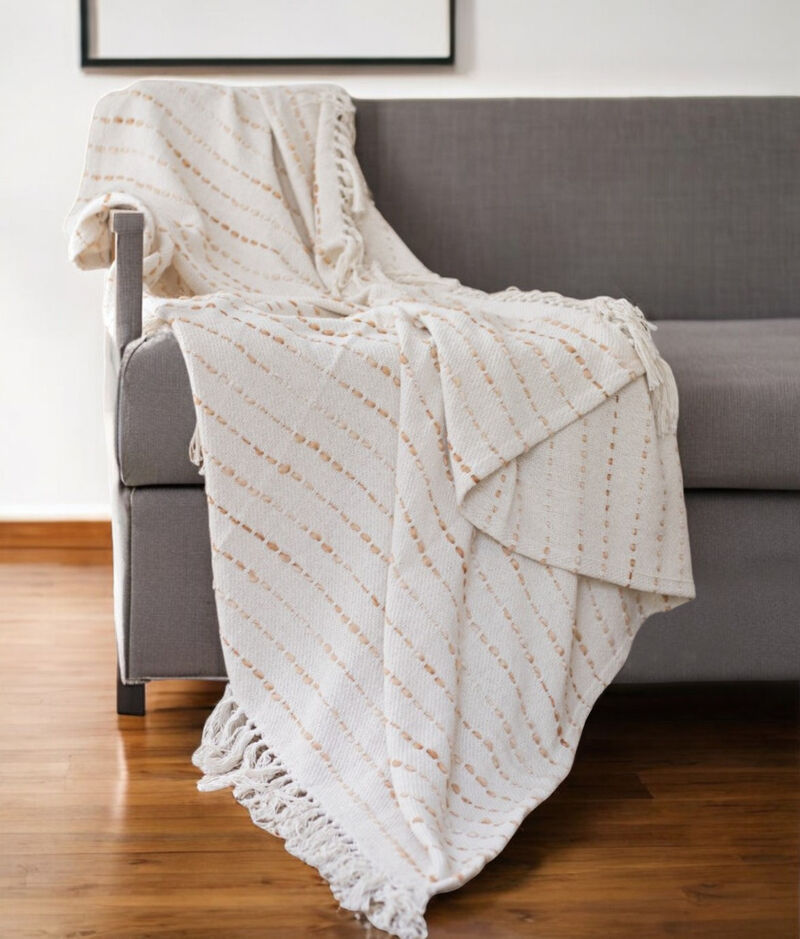 HomeRoots 50" X 60" White and Beige Cotton Blend Woven Striped Throw Blanket with Fringe image number 1
