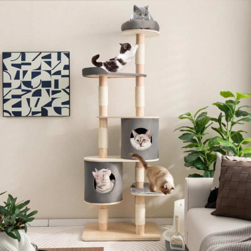 Hivvago 6-Tier Wooden Cat Tree with 2 Removeable Condos Platforms and Perch