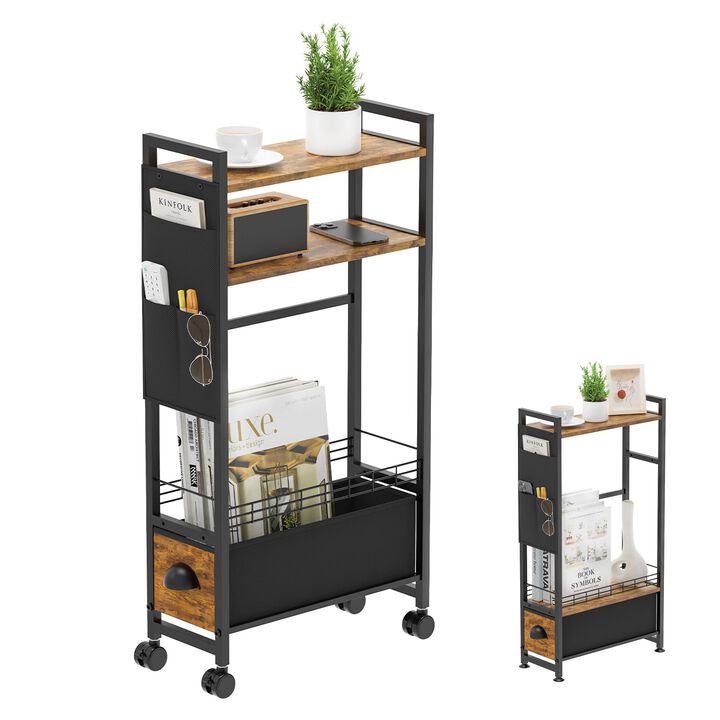 Oppro Small Side End Table with Drawer for Small Spaces, Narrow Slim Nightstand Bedside Sofa Table with Wheels, Space Saving Ski