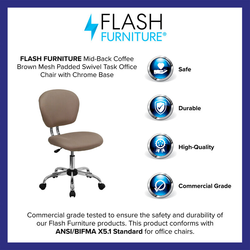 Beverly Mid-Back Coffee Brown Mesh Padded Swivel Task Office Chair with Chrome Base image number 3