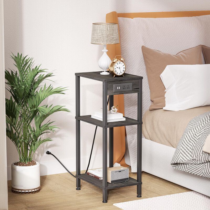 Creso hom Tall End Table with Charging Station and USB Ports, 3 Tier Narrow Side Table with Storage, Skinny Nightstand with Outl