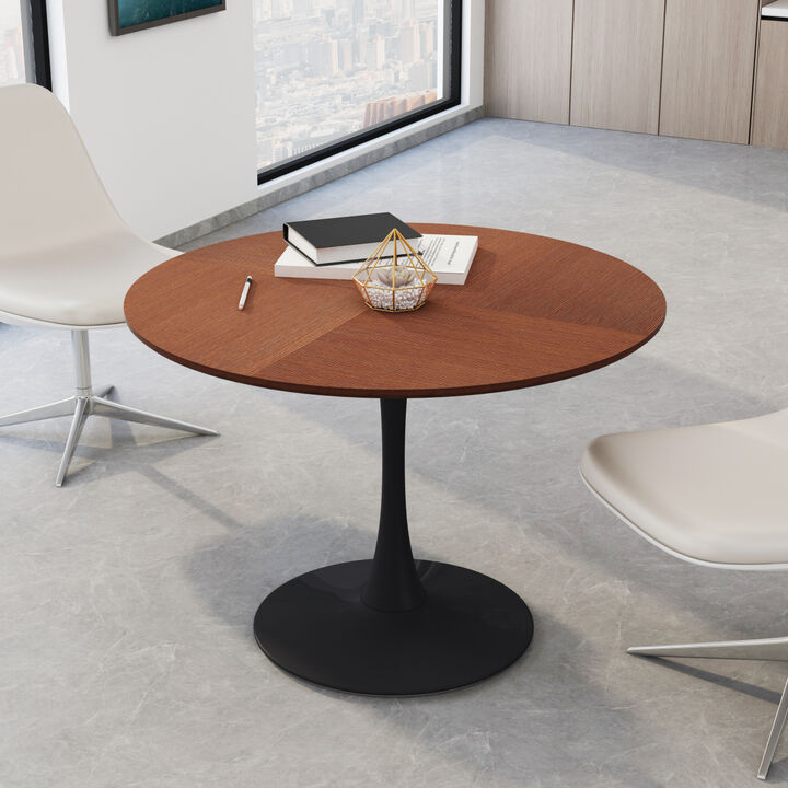 42" Modern Round Dining Table with Printed OAK Color Grain Tabletop, Metal Base Dining Table, End Table Leisure Coffee Table
