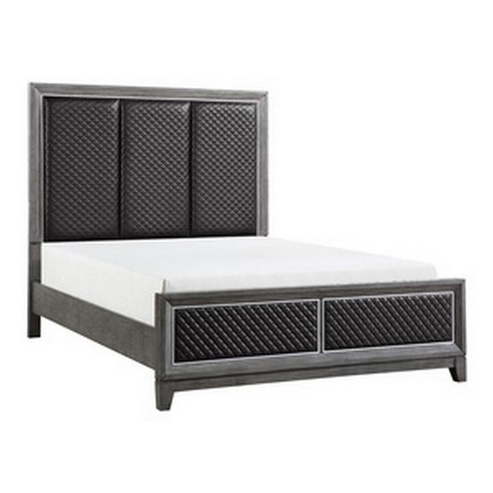 Stacy Queen Bed, Gray Faux Leather Upholstered Panels, Silver, Gray Wood