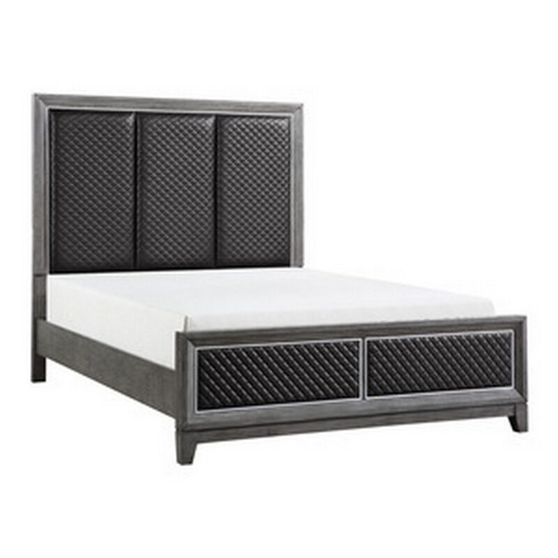 Stacy Queen Bed, Gray Faux Leather Upholstered Panels, Silver, Gray Wood