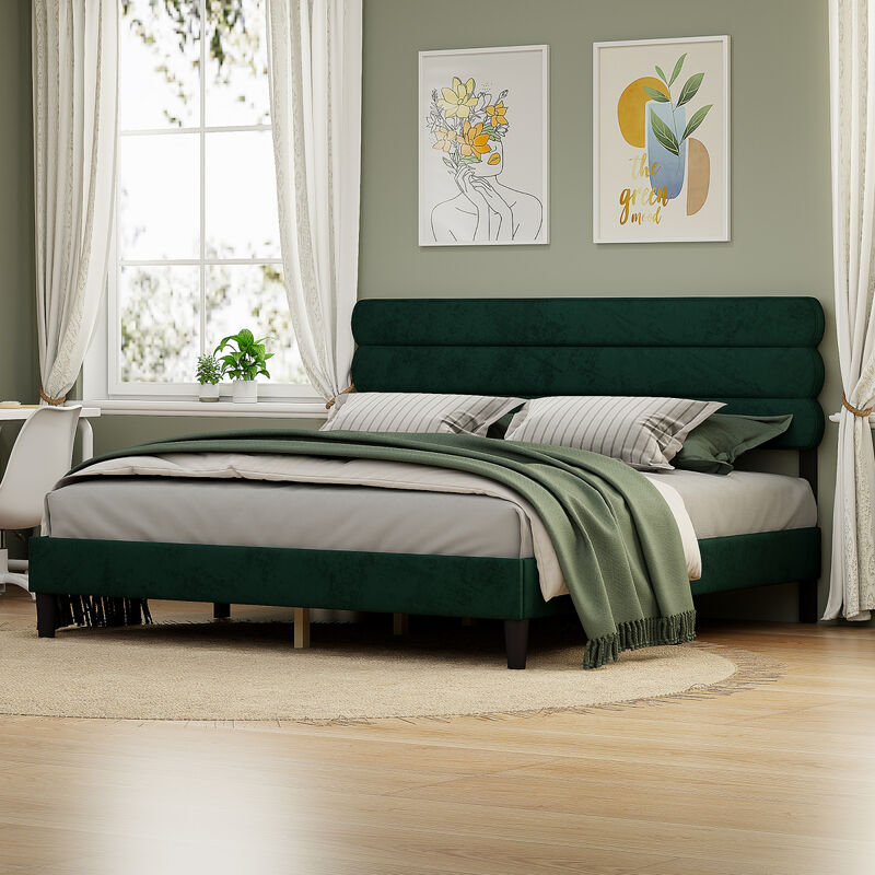 King Bed Frame with Headboard, Sturdy Platform Bed with Wooden Slats Support, No Box Spring, Mattress Foundation, Easy Assembly Green