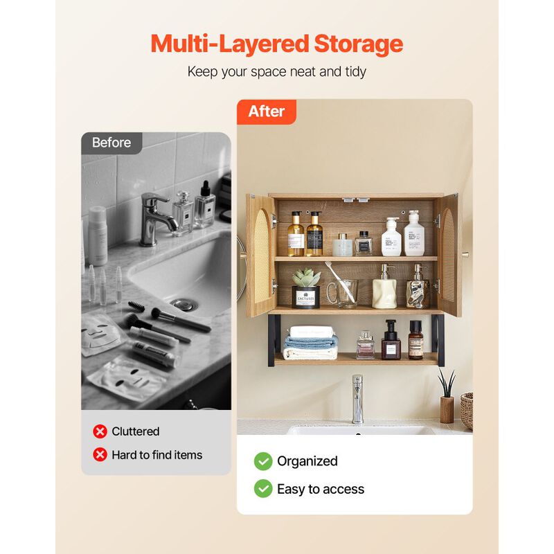 Bathroom Storage Cabinet Wall Mounted with Adjustable Shelf and Open Partition-Brown image number 8