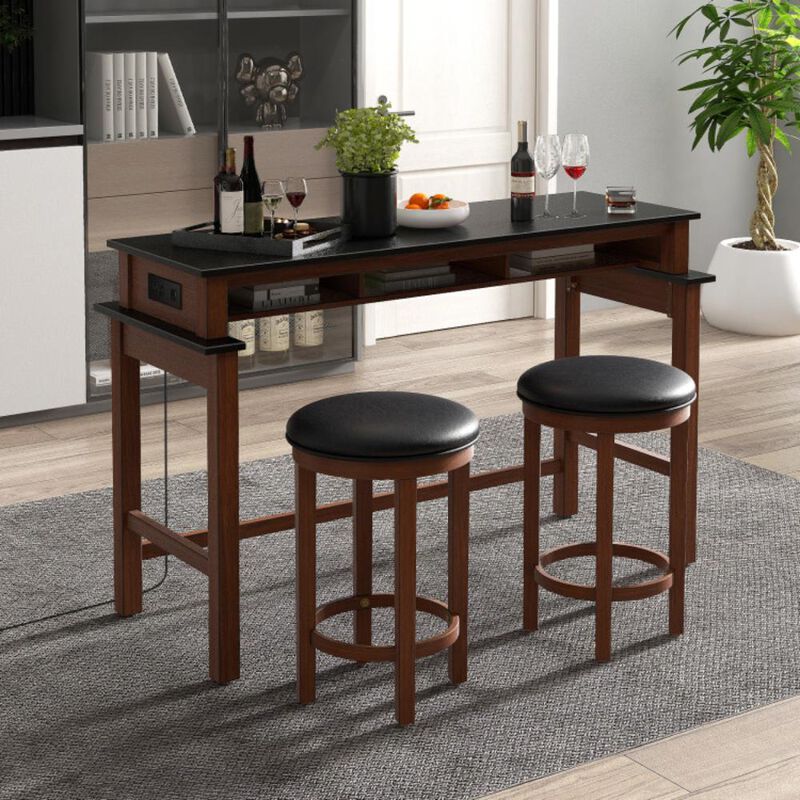 Hivvago 3-Piece Home Bar Set with 2 Upholstered Bar Stools, Outlets and USB Ports