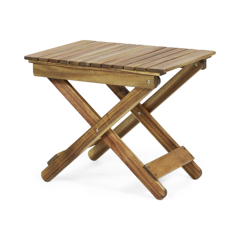 Kyre Outdoor Side Table, Foldable Slatted 23 Inch, Brown Acacia Wood - Benzara