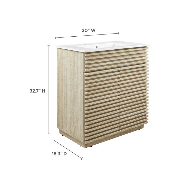 Modway Render Faux Travertine Slatted 30 Inch Bathroom Vanity in White with Sink Combo - Mid-Century Modern Single Sink Bathroom Vanity - Vanity Cabinet with Soft-Close Doors image number 2