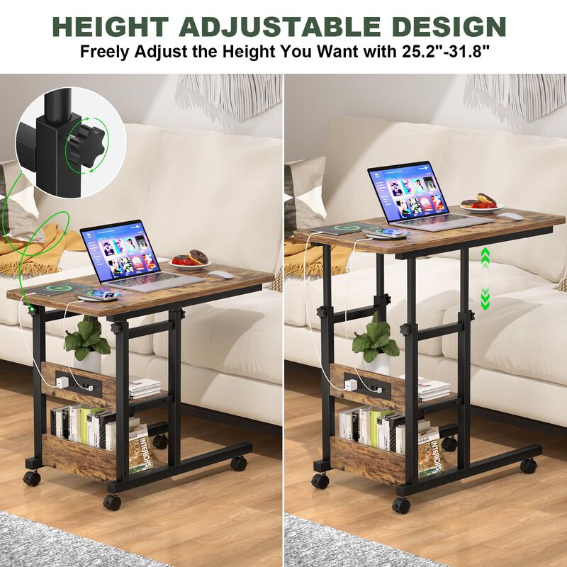 Height Adjustable C Shaped End Table with Charging Station, Mobile Laptop Side Table with USB Port and Wheels, Sofa Couch Table
