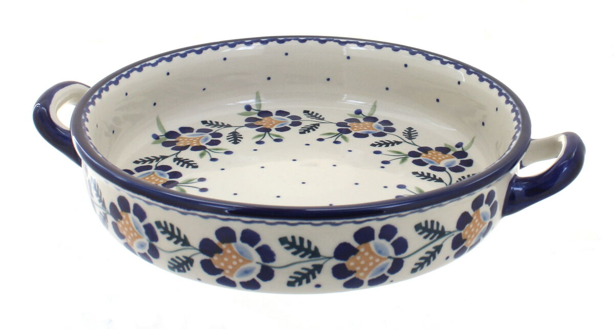 Blue Rose Polish Pottery Halsey Small Round Baker with Handles