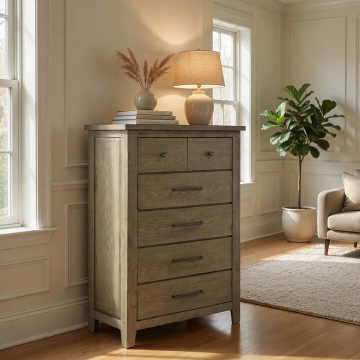 Hazel Tall Dresser Chest, 5 Drawers, Antique Nickel Metal, Oak Brown Wood