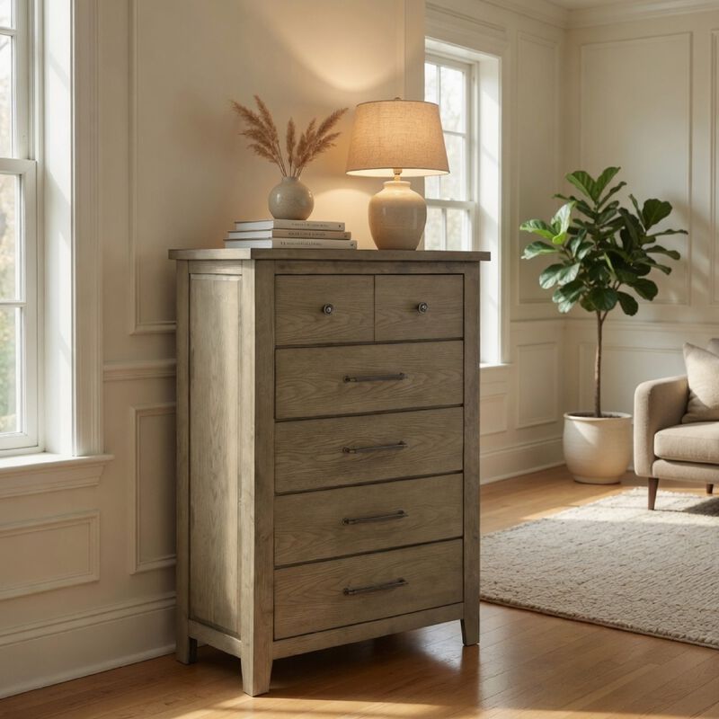 Hazel Tall Dresser Chest, 5 Drawers, Antique Nickel Metal, Oak Brown Wood image number 1