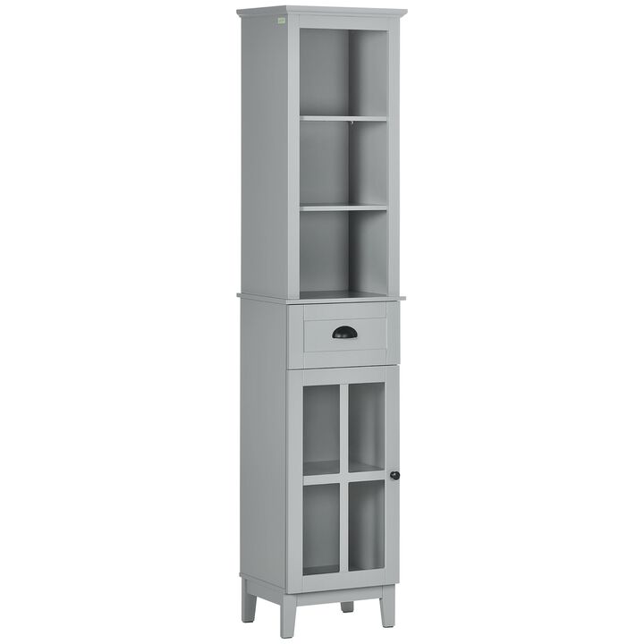 Bathroom Cabinet Linen Tower, with Glass Door and Shelves, 15" x 11.75" x 67", 15" x 11.75" x 67", Gray
