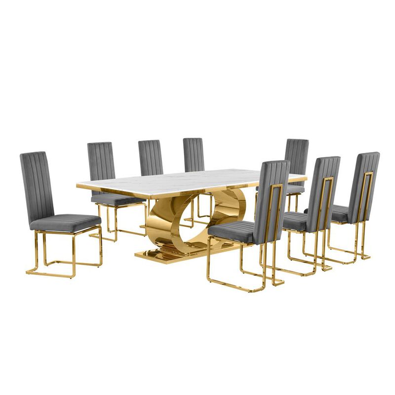 Best Quality Furniture 9pc Large(87) marble top dining set with gold base and 8 Dark side chairs