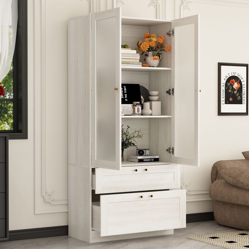 FUFU&GAGA Modern White Food Pantry Cabinet with Adjustable Shelves and Lockable Drawers (31.5" W x 70.9" H x 15.7" D), Wood Grain Finish with Brass Pull Handles