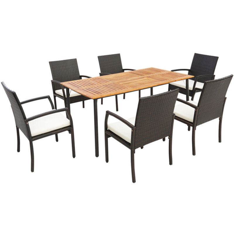Mondawe 7Pcs Outdoor Dining Set,Acacia Wood Table With 1.9"Umbrella Hole & 6 Cushioned Wicker Chairs