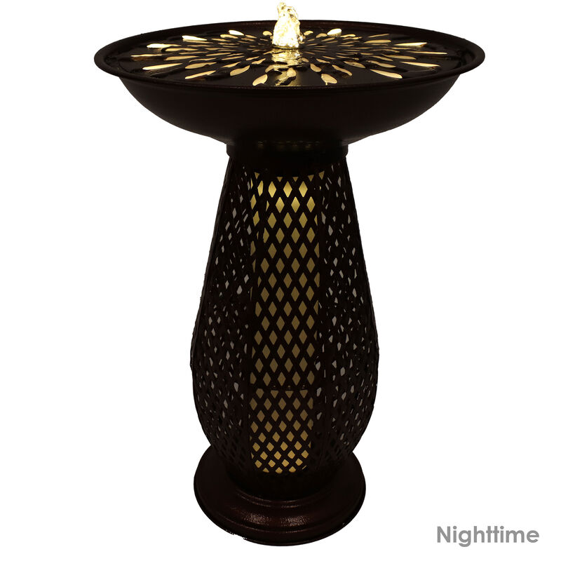 Sunnydaze Iron Crosshatch Bird Bath Water Fountain with LED Lights