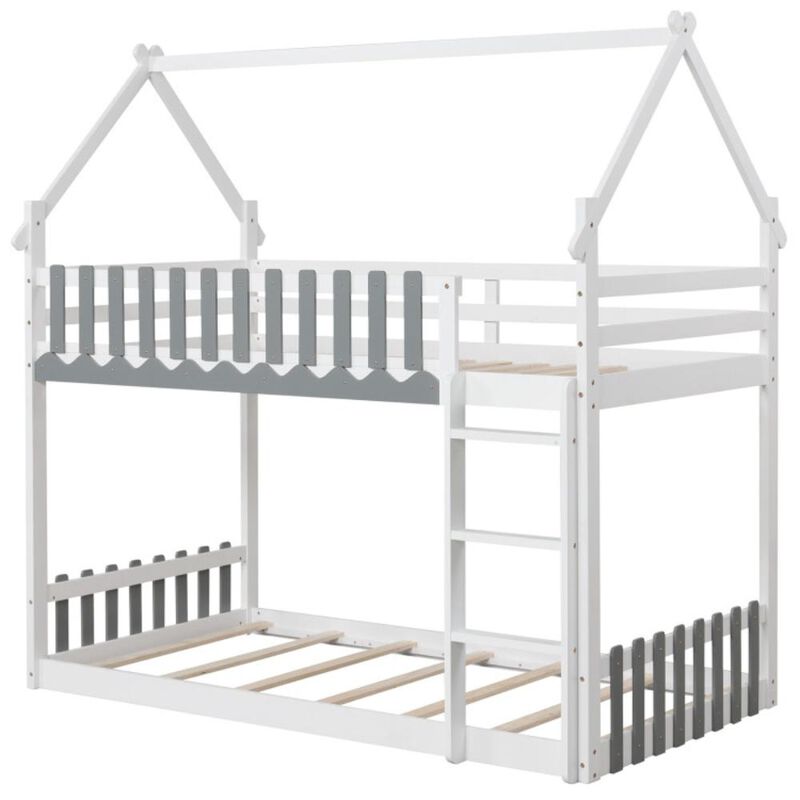 Hivvago Twin Over Twin Bunk Bed with Fence and Ladder for Kids
