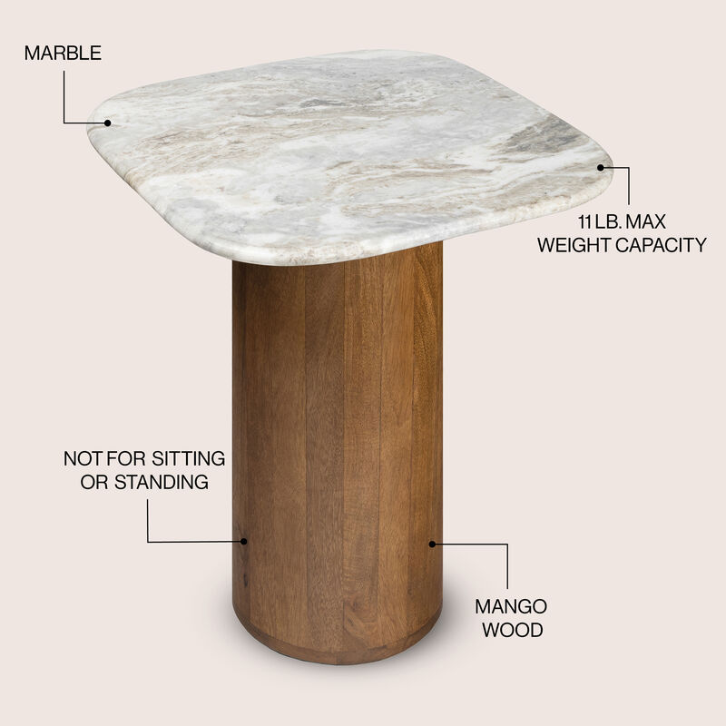 Milos 18" Rustic Minimalist Square Marble/Wood Accent Table image number 2