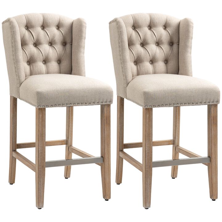 Counter Height Bar Stools Set of 2, Upholstered 26.75" Seat Height Barstools, Breakfast Chairs with Nailhead-Trim, Tufted Back and Wood Legs