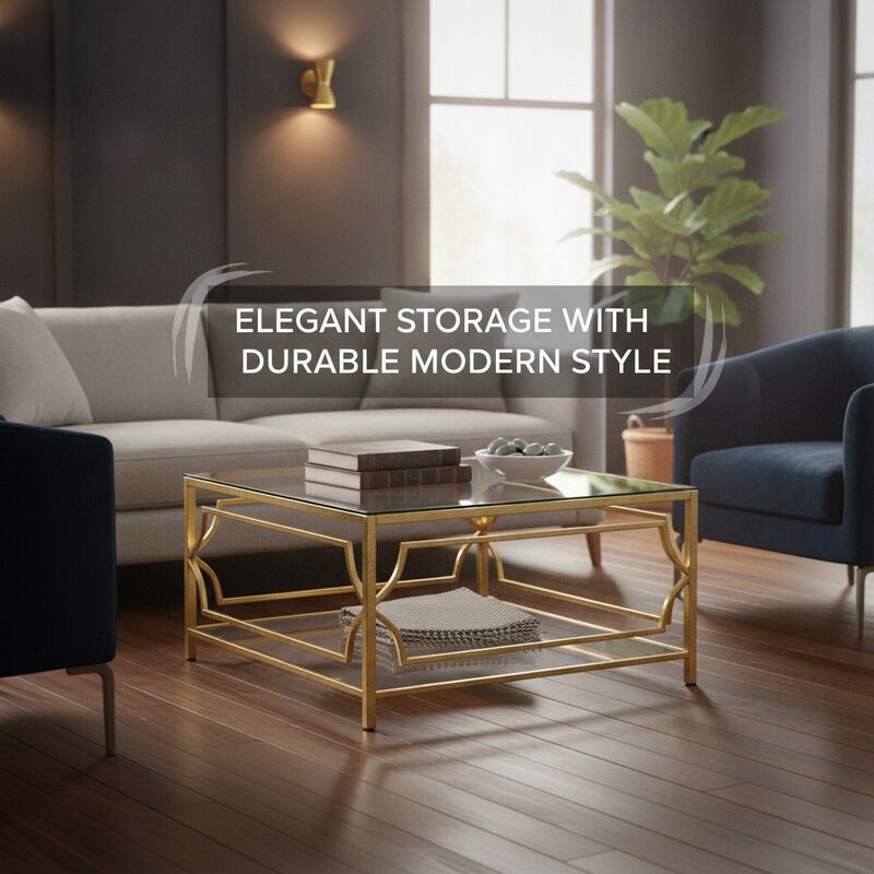 GOODSILO 33.5 Inch Square Tempered Glass Coffee Table with Geometric Metal Frame, Lower Storage Shelf for Modern Living Space Use image number 4