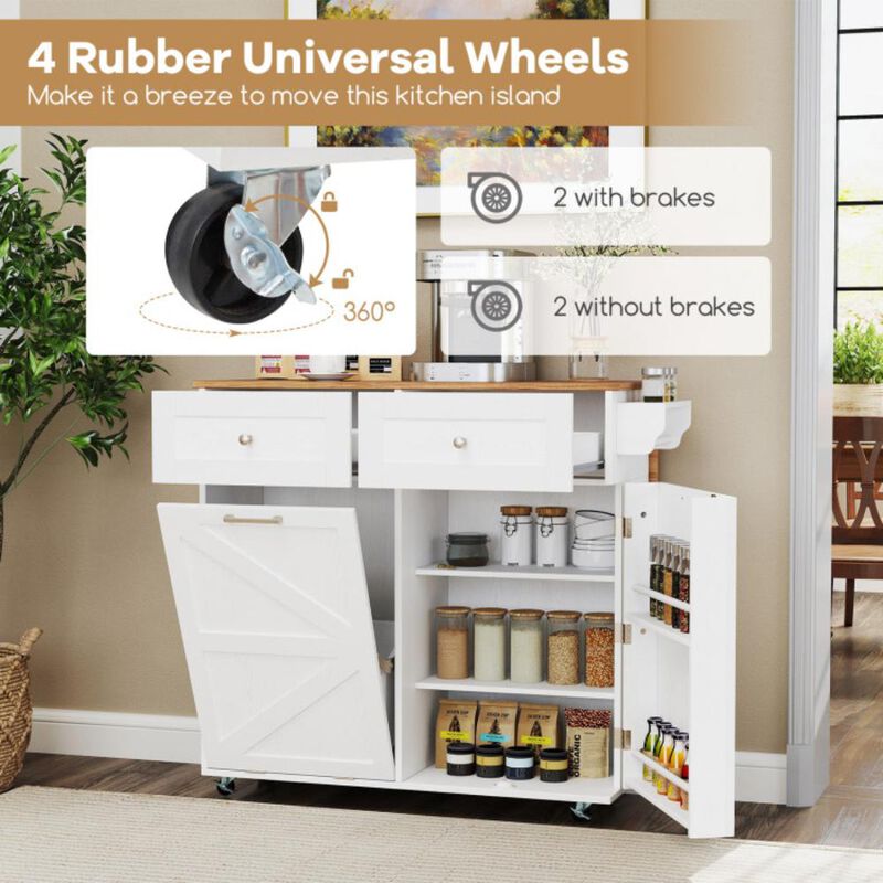 Hivvago Rolling Kitchen Island with Trash Can Cabinet and Rubber Universal Wheels