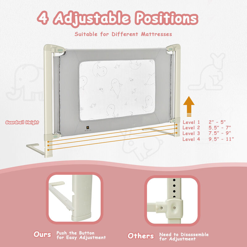 Toddler Bed Rail Guard with Adjustable Height and Secure Safety Lock for Bed-Grey image number 3