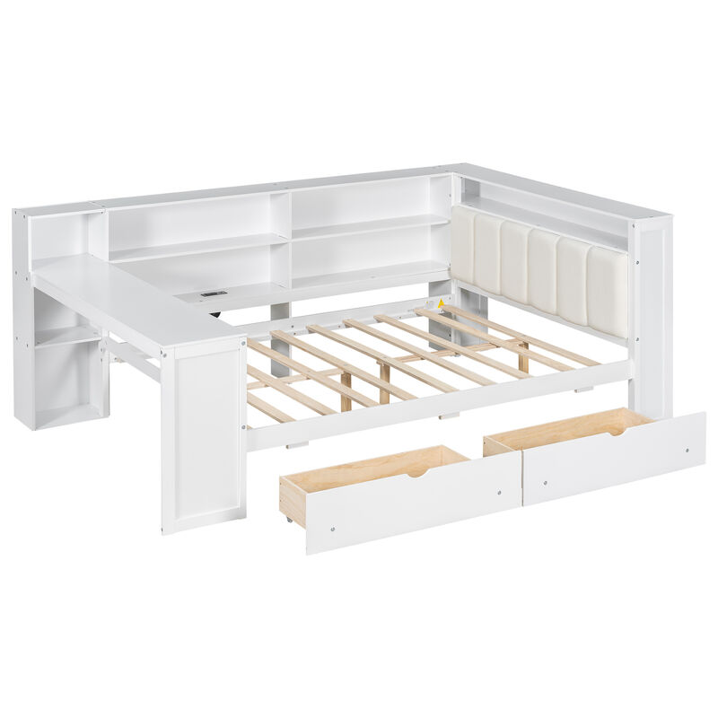 Merax Bed with Storage Shelves, Drawers, Charging Station, LED