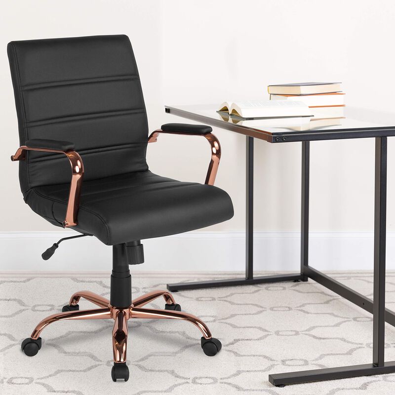 Flash Furniture Whitney Mid-Back Swivel LeatherSoft Desk Chair with Padded Seat and Armrests, Adjustable Height Padded LeatherSoft Office Chair, Black/Rose Gold image number 1