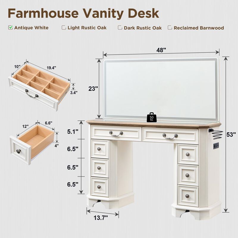 48" LED Vanity Desk with Mirror, 3-Light Modes, 8 Drawers, Glass Top, USB Charging image number 1