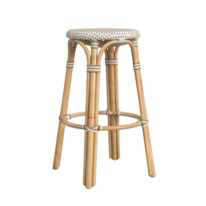 Butler Specialty Tobias Round Rattan 30 Bar Stool, White and Tan Dot