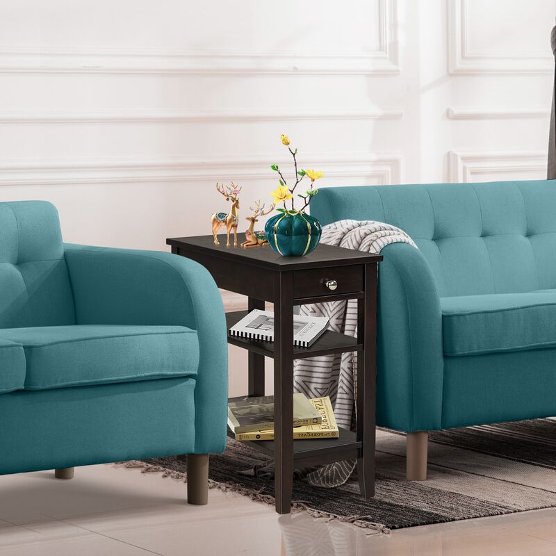 End Table with Drawer and 2-Tier Open Storage Shelves for Space Saving