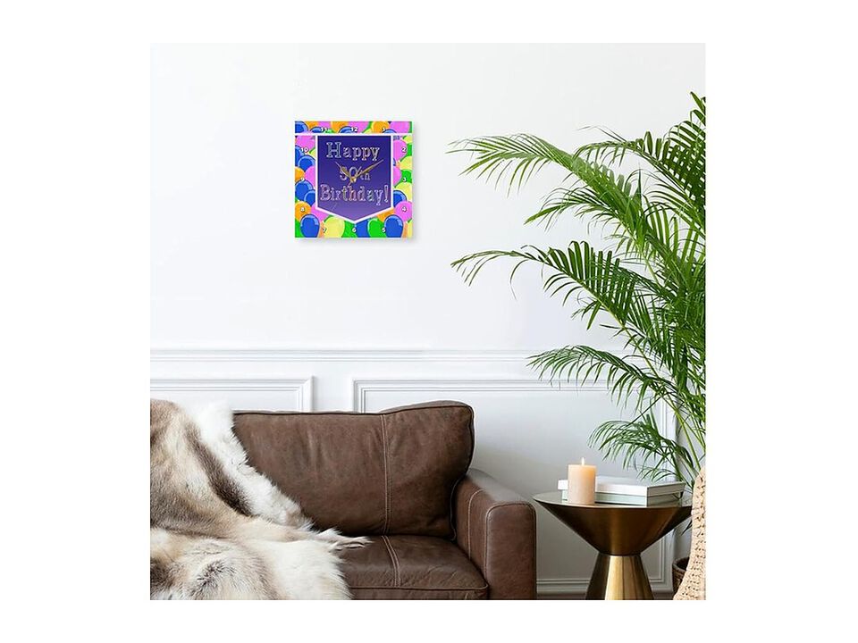Balloons Purple Banner Happy Birthday Wall Clock 13 Inch Silent Home Decor