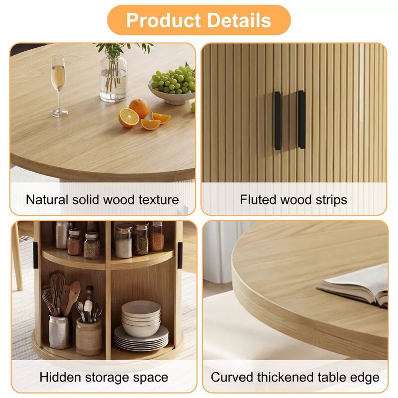 Vipbear 35.43" Round Dining Table for 4, Modern Wooden Kitchen Table with Built-in Storage Shelves image number 3