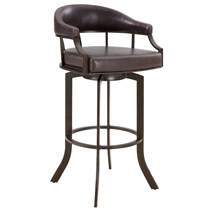 Nuf 30 Inch Swivel Barstool Armchair, Curved Round Back, Brown Faux Leather-Benzara image number 1