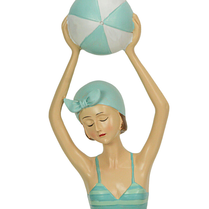 Retro Bathing Beauty Beach Girl With Ball Sage Green Polka Dot Swimsuit Figurine image number 4