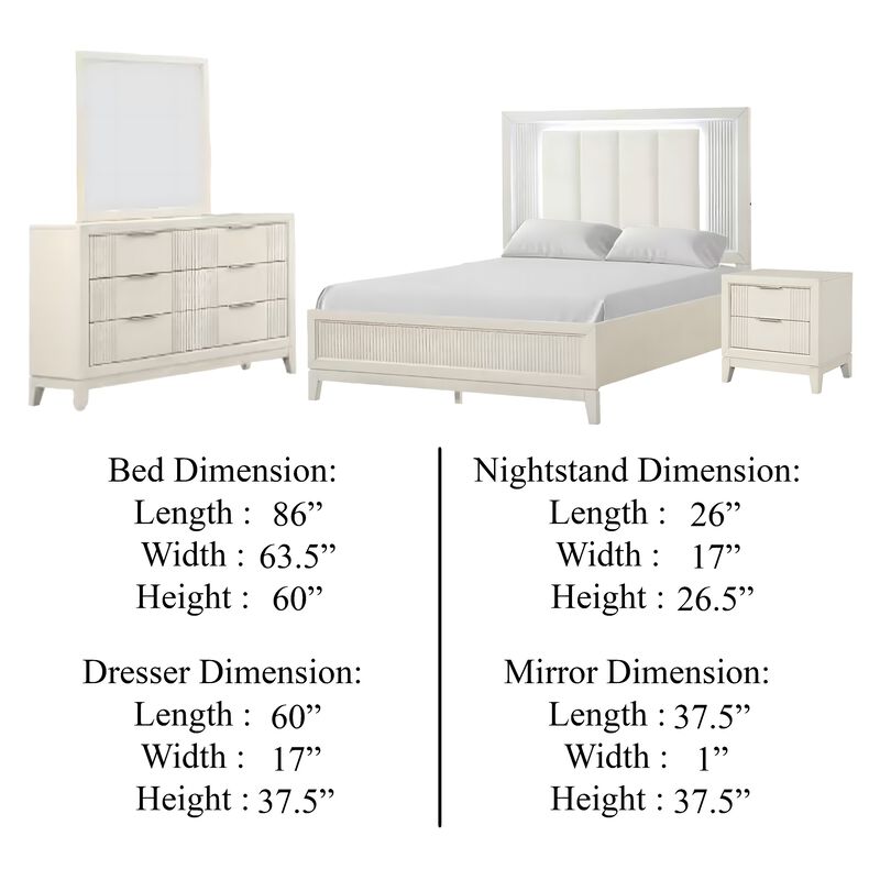Toi 4pc Queen Bedroom Set w Dresser Mirror, Fluted LED, White Upholstery image number 5