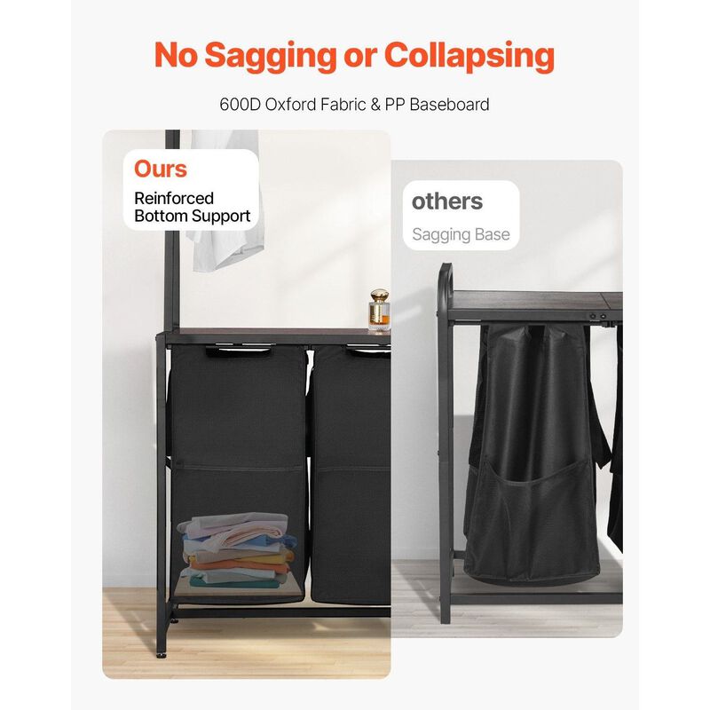 Freestanding Laundry Hamper with Rack, 3 Tier Shelves and 2 Section Sorter with Drawers-Black image number 4