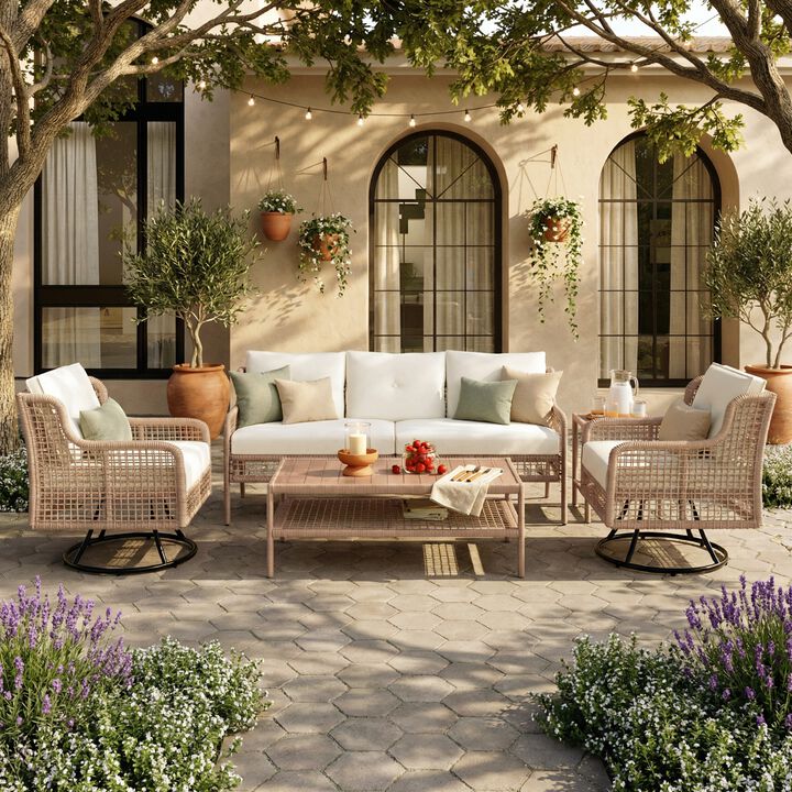 Whisen 5-Person Outdoor Sectional Wicker Sofa Set with Swivel Chairs for Poolside Backyard Deck